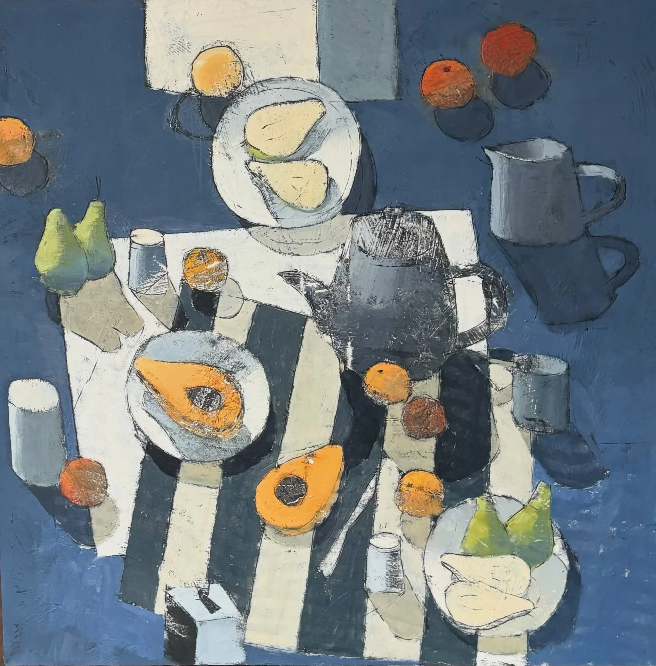 Wonderful visit with @paulbalmerart today.
This still life is a big swoon. The etching-like lines are created with a power tool. Zoom in to get a feel. In person: sublime. 
.
.
.
#art #artoninstagram #artistsoninstagram #stilllife #texturedpainting