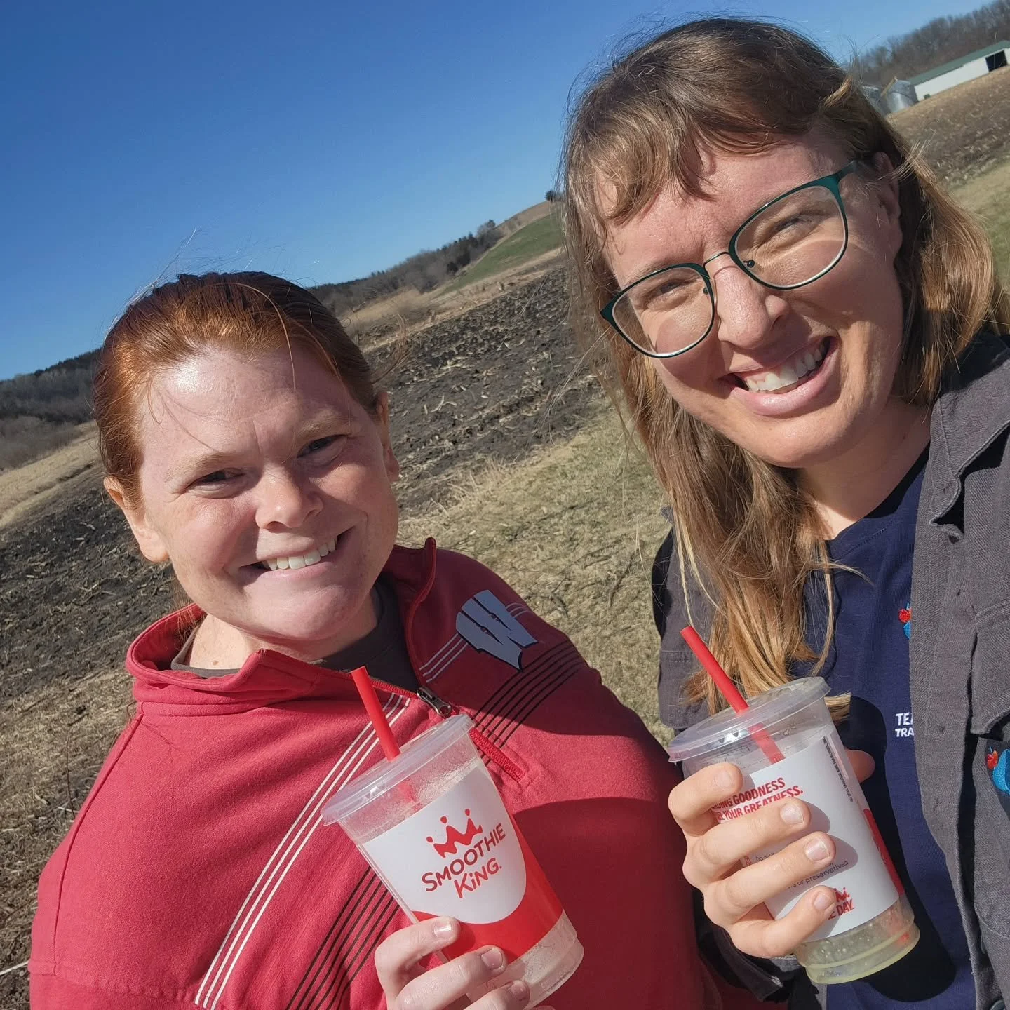 A rare photo on our feed of us instead of dogs 😆 
We do our rounds to give some goodies to our awesome area vet clinics once a year! And of course, smoothies are our lunch of choice 💜