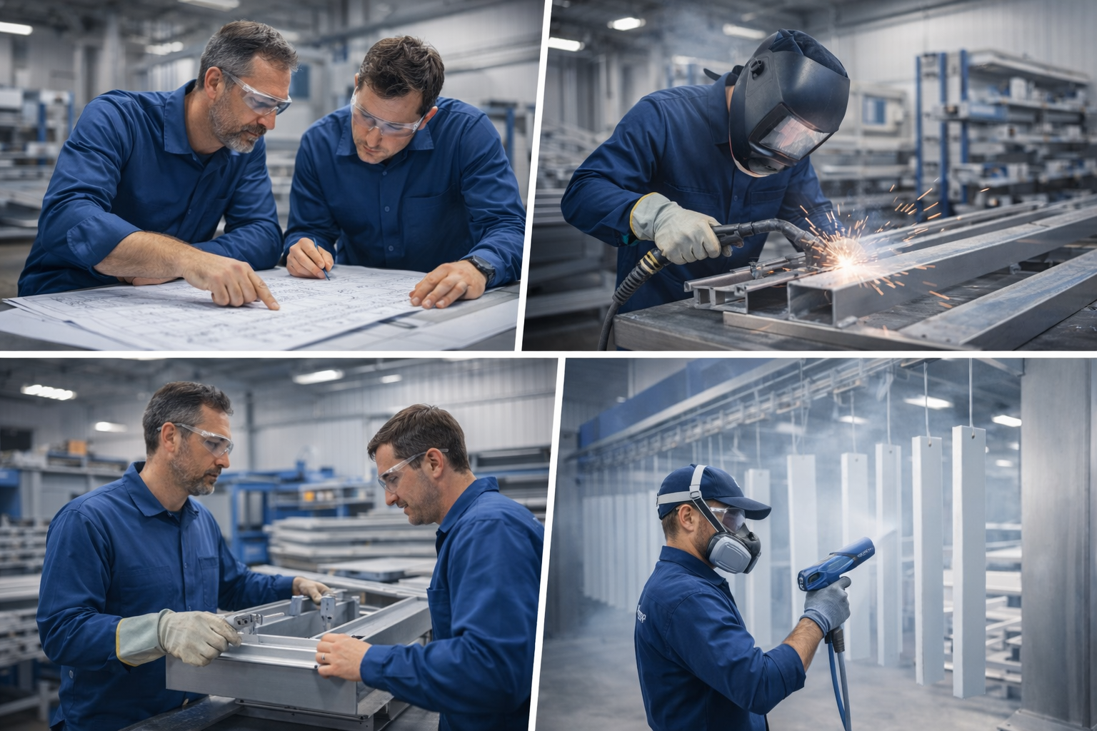 Four images showing metalworking and engineering activities. The first image has two men examining a technical drawing or blueprint. The second image shows a worker welding metal in a factory. The third image has two men assembling or inspecting a metal frame. The fourth image shows a worker wearing protective gear, using a heat gun or a similar tool to treat or shape metal parts in an industrial setting.