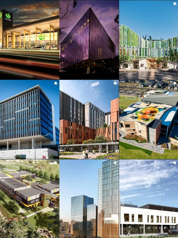 Collage of nine different modern architectural buildings and urban structures.