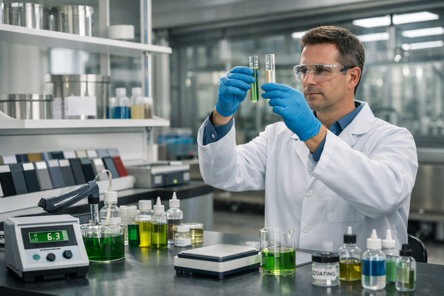 A scientist in a lab coat and safety goggles is holding two test tubes with green and clear liquids, examining them carefully in a laboratory setting with various bottles and equipment on the table.