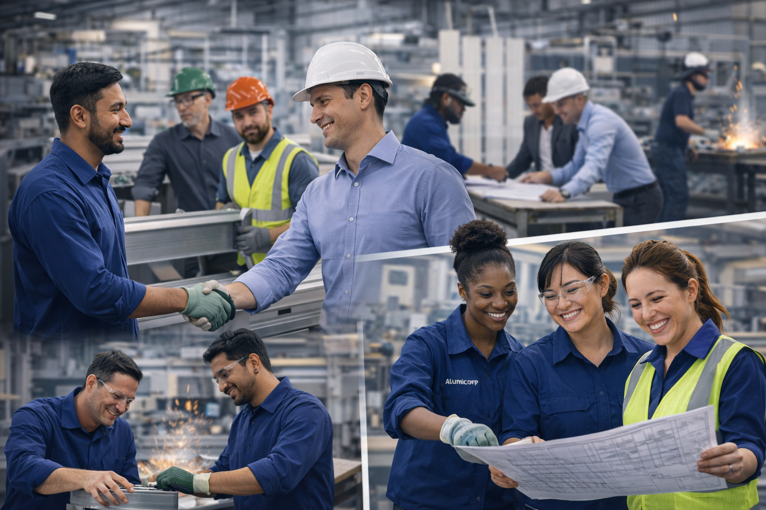 Group of diverse workers in a factory, including engineers, mechanics, and managers, engaging in handshake, teamwork, and safety procedures.