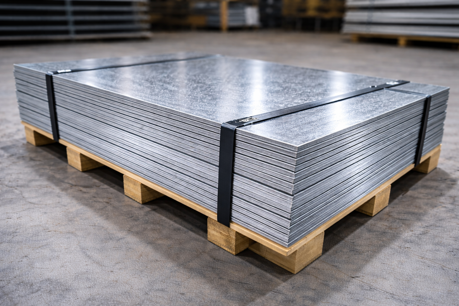 Stack of metal sheets on a wooden pallet in a warehouse.