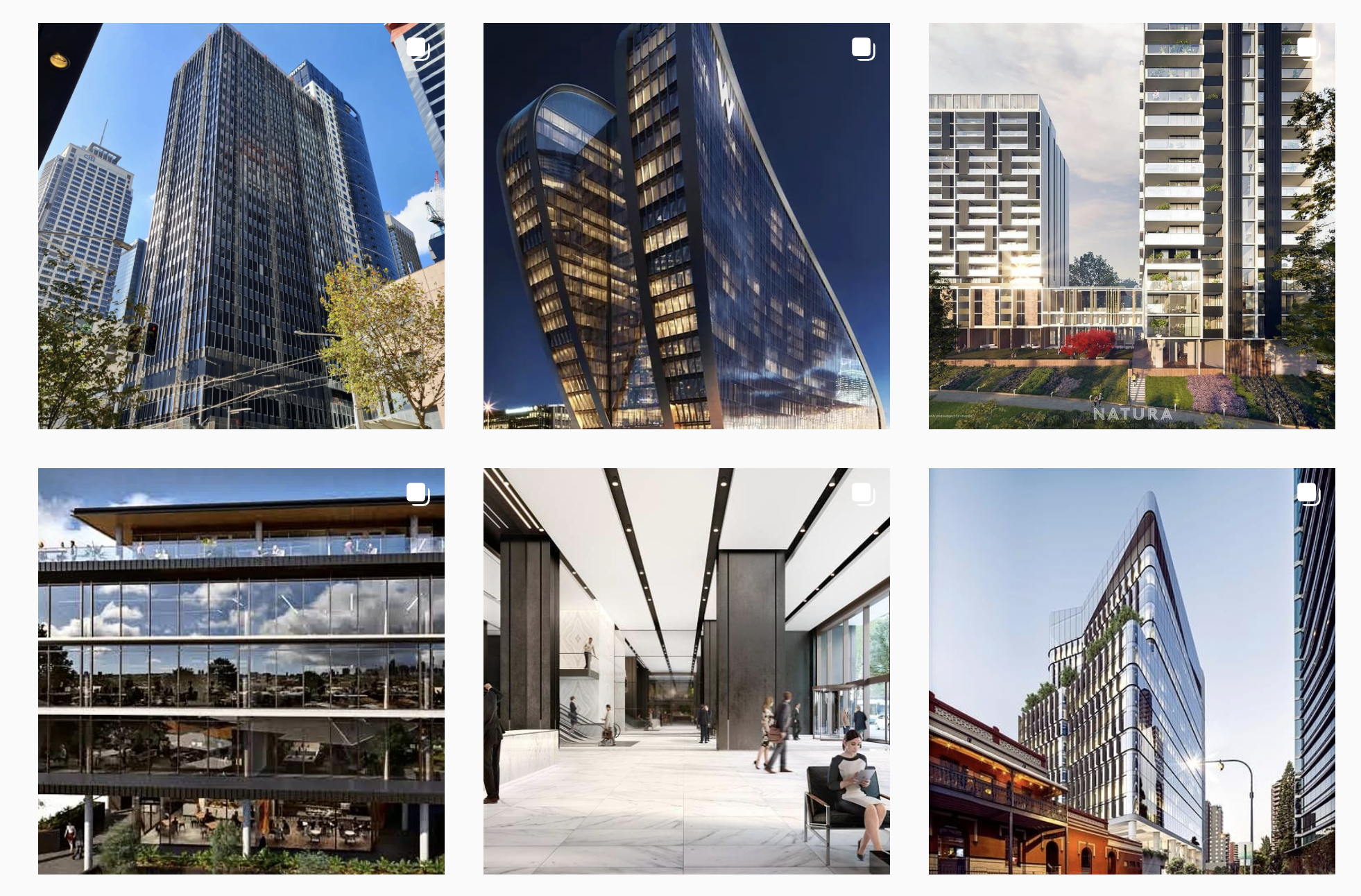 Six images of modern architecture, including skyscrapers, office buildings, and interior lobby, showcasing different cityscapes and building designs.