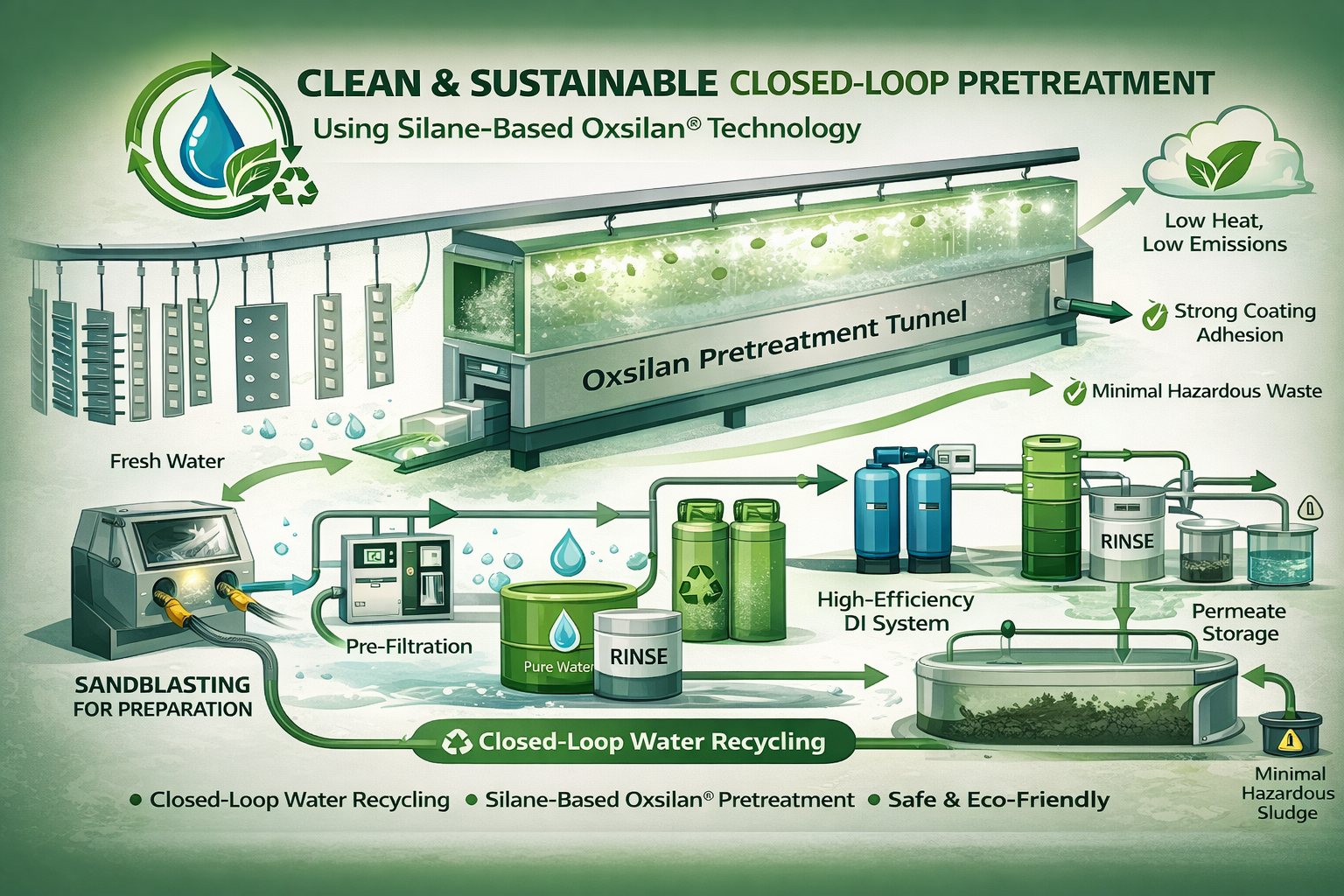 Diagram of a clean and sustainable closed-loop water pretreatment system using silane-based oxsilane technology, showing water treatment components, recycling, and minimal hazardous waste.