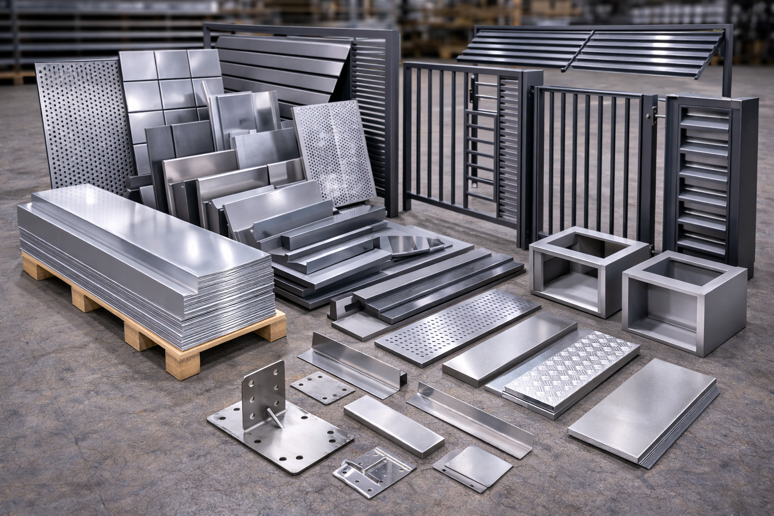 Various metal parts and panels, including perforated sheets, slats, brackets, and frames, arranged on a concrete floor, with some stacked on a wooden pallet.