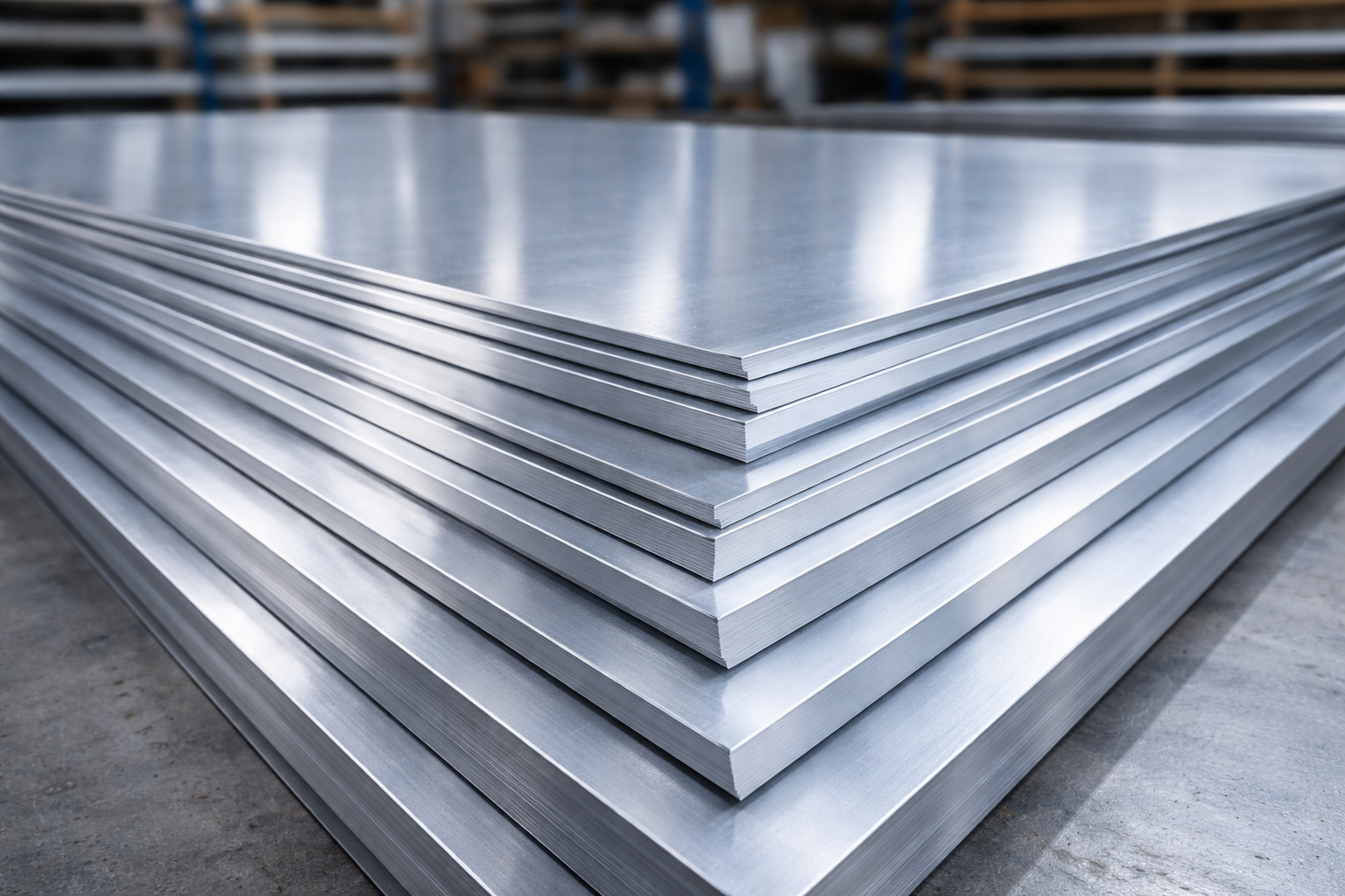 Stacked aluminum sheets on concrete floor in a warehouse.