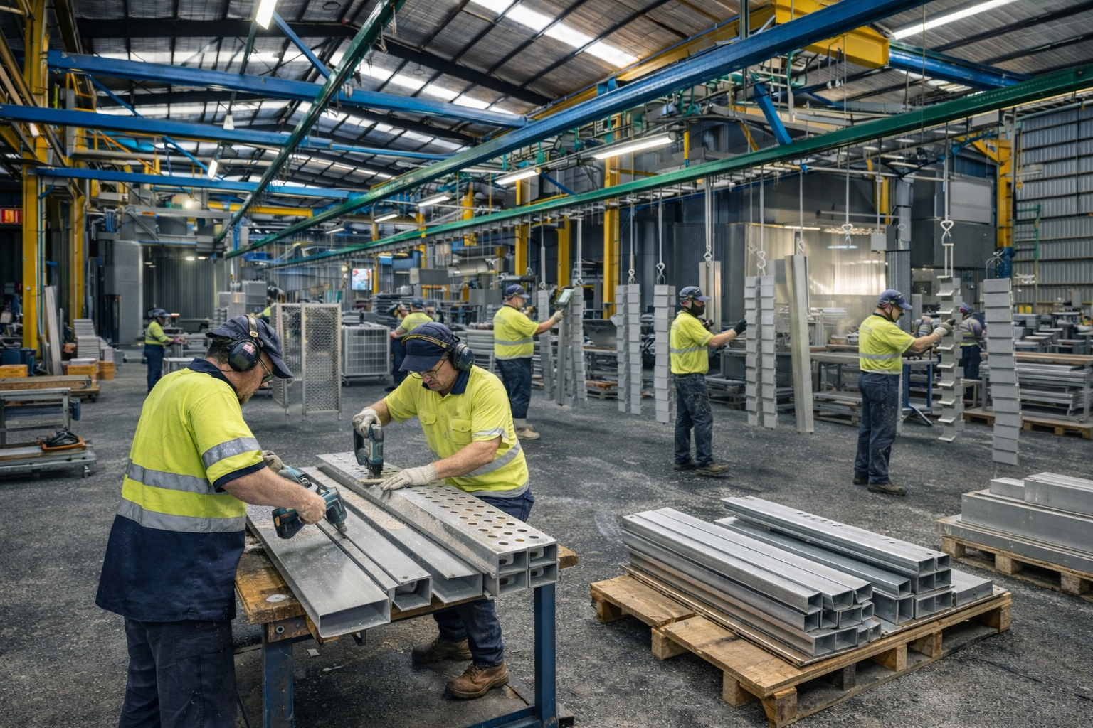 Workers in a factory manufacturing metal parts, wearing safety gear, working at tables and assembly lines under industrial lighting.