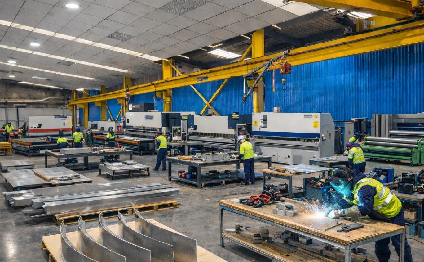 Workers in safety vests and helmets operating manufacturing machinery in an industrial factory setting.