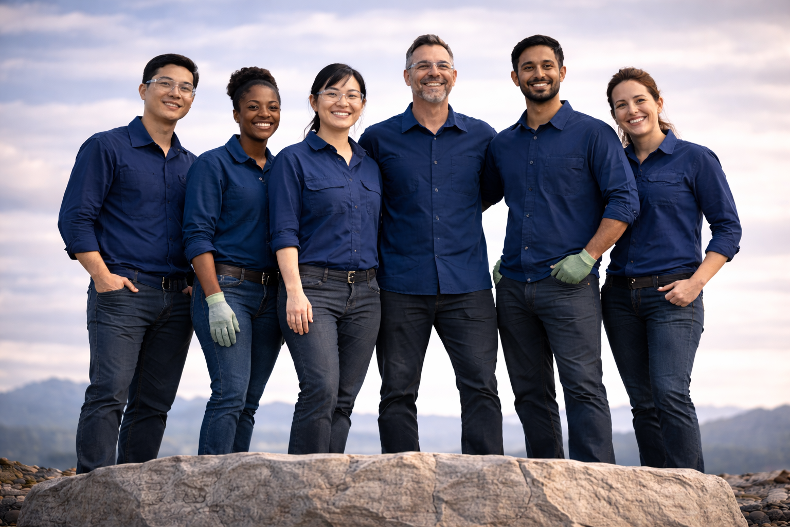 Group of six diverse people standing outdoors, smiling, dressed in matching blue shirts and jeans, with a cloudy sky in the background.