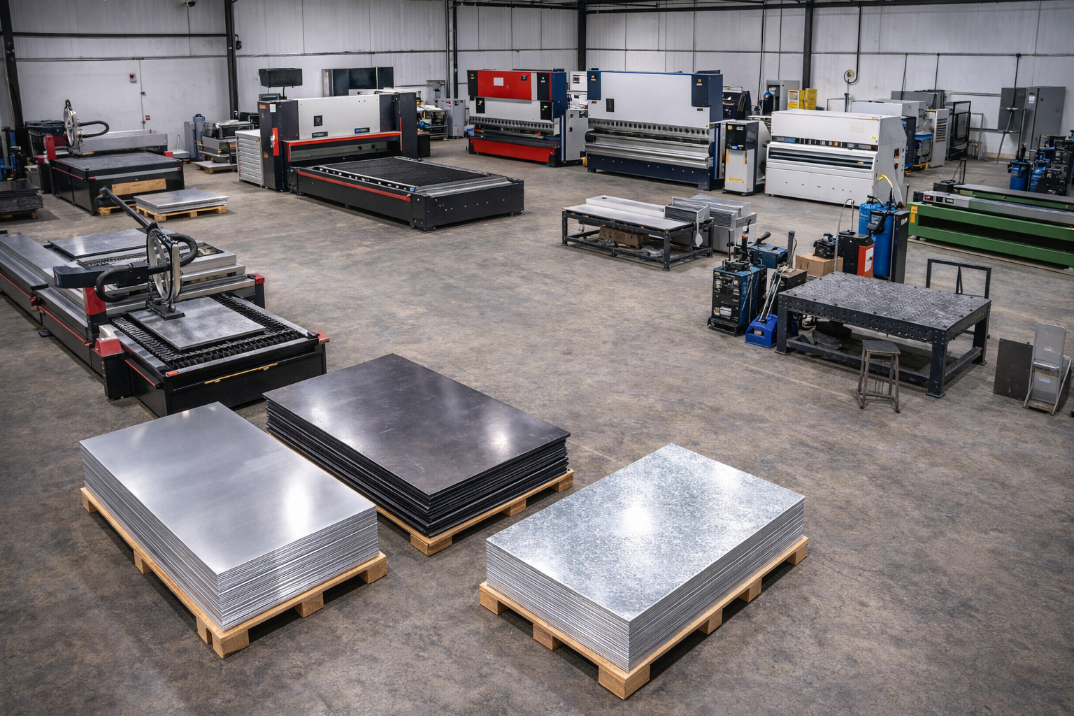 Industrial workshop with large CNC laser cutting machines, metal sheets stacked on pallets, work tables, and equipment.