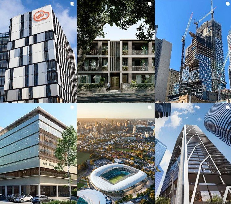 Collage of six images showcasing modern urban buildings, skyscrapers, and cityscapes.