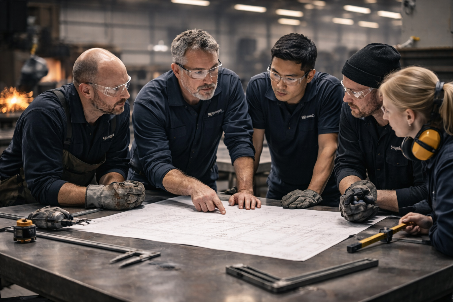 Group of five workers in safety goggles gathered around a blueprint on a work table in a workshop, discussing plans.