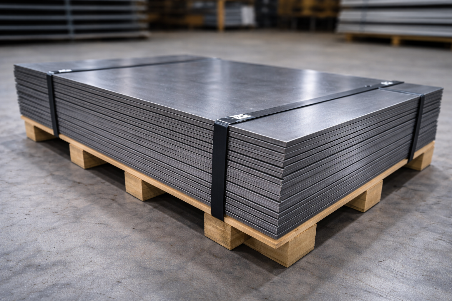 Stack of large black rectangular metal sheets secured on a wooden pallet in a warehouse.