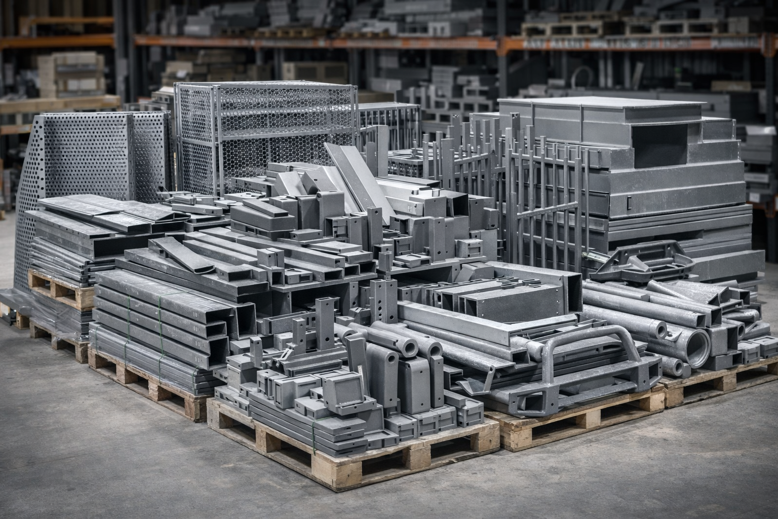 Steel parts and components stacked on wooden pallets in a warehouse.