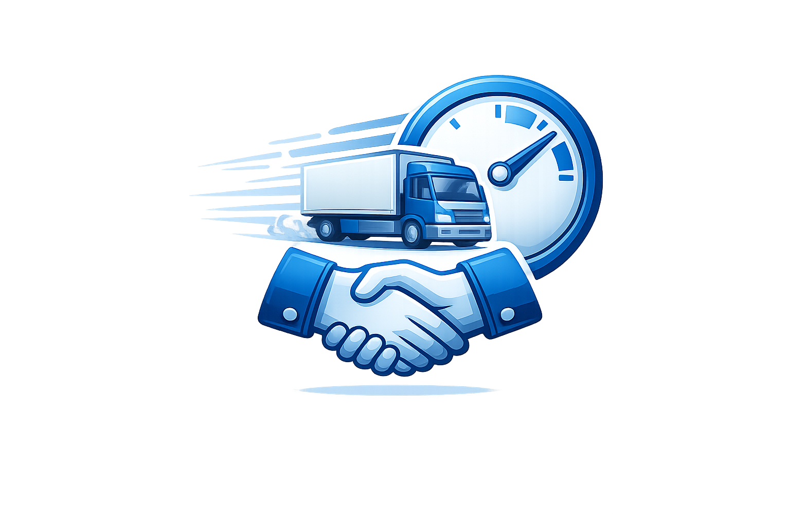Illustration of a handshake with a delivery truck and a speedometer in the background, symbolizing fast delivery services.