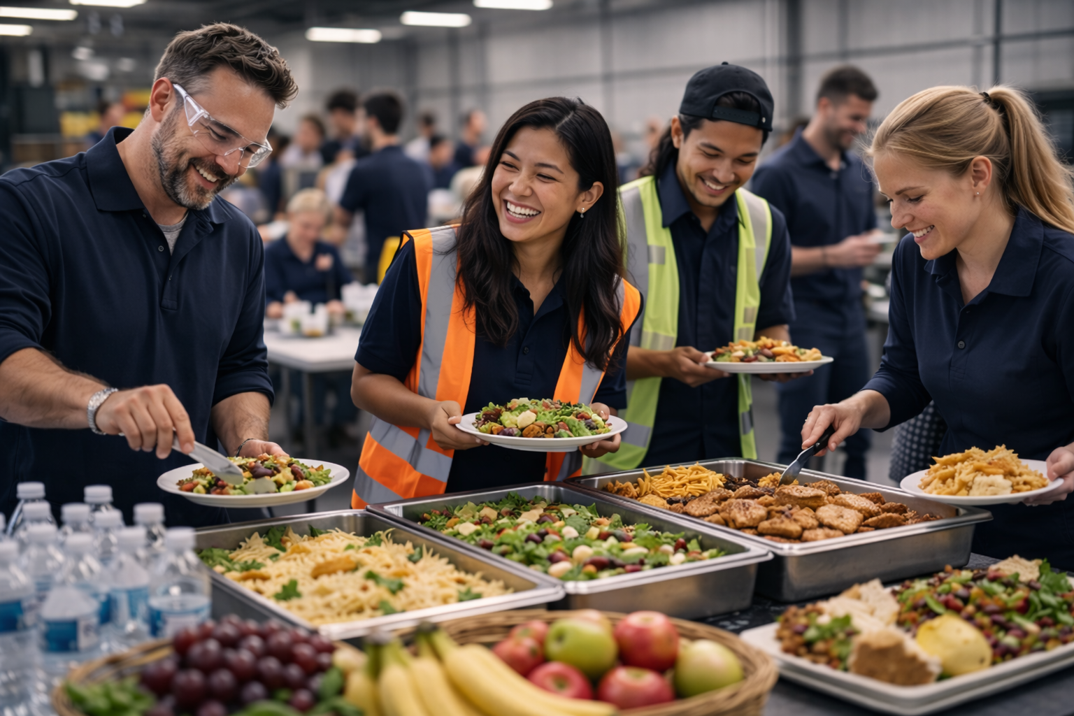 People serving themselves food at a buffet table in an industrial-style setting, with salads, pasta, fruit, and desserts on display. They are smiling and appear to be enjoying a communal meal.
