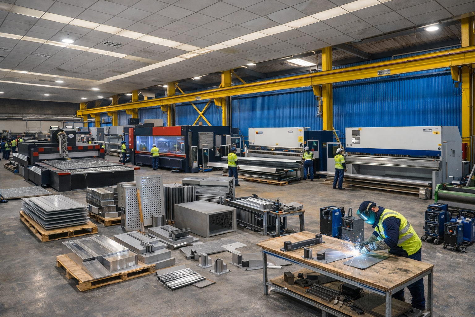 Manufacturing factory with workers operating industrial machines and metal parts on pallets and tables.