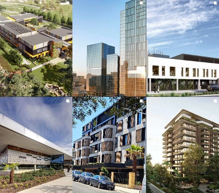 A collage of six different modern urban buildings, including high-rise office towers, contemporary residential complexes, and commercial structures.