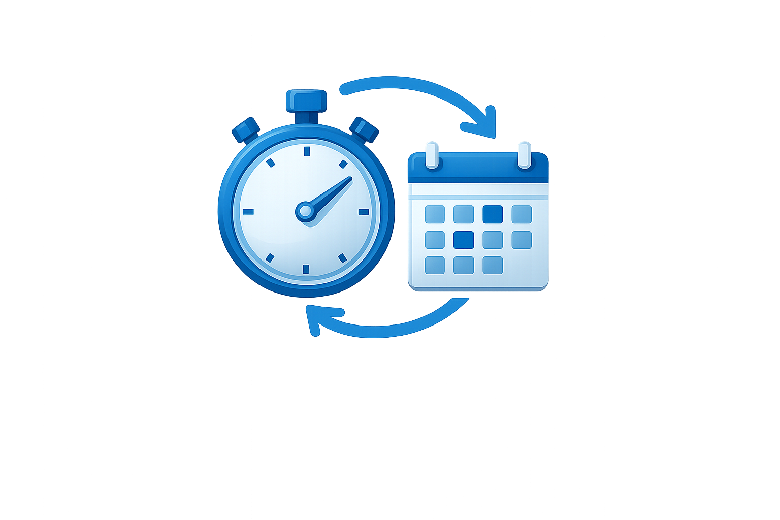Illustration of a clock, calendar, and rotating arrows representing scheduling and time management.
