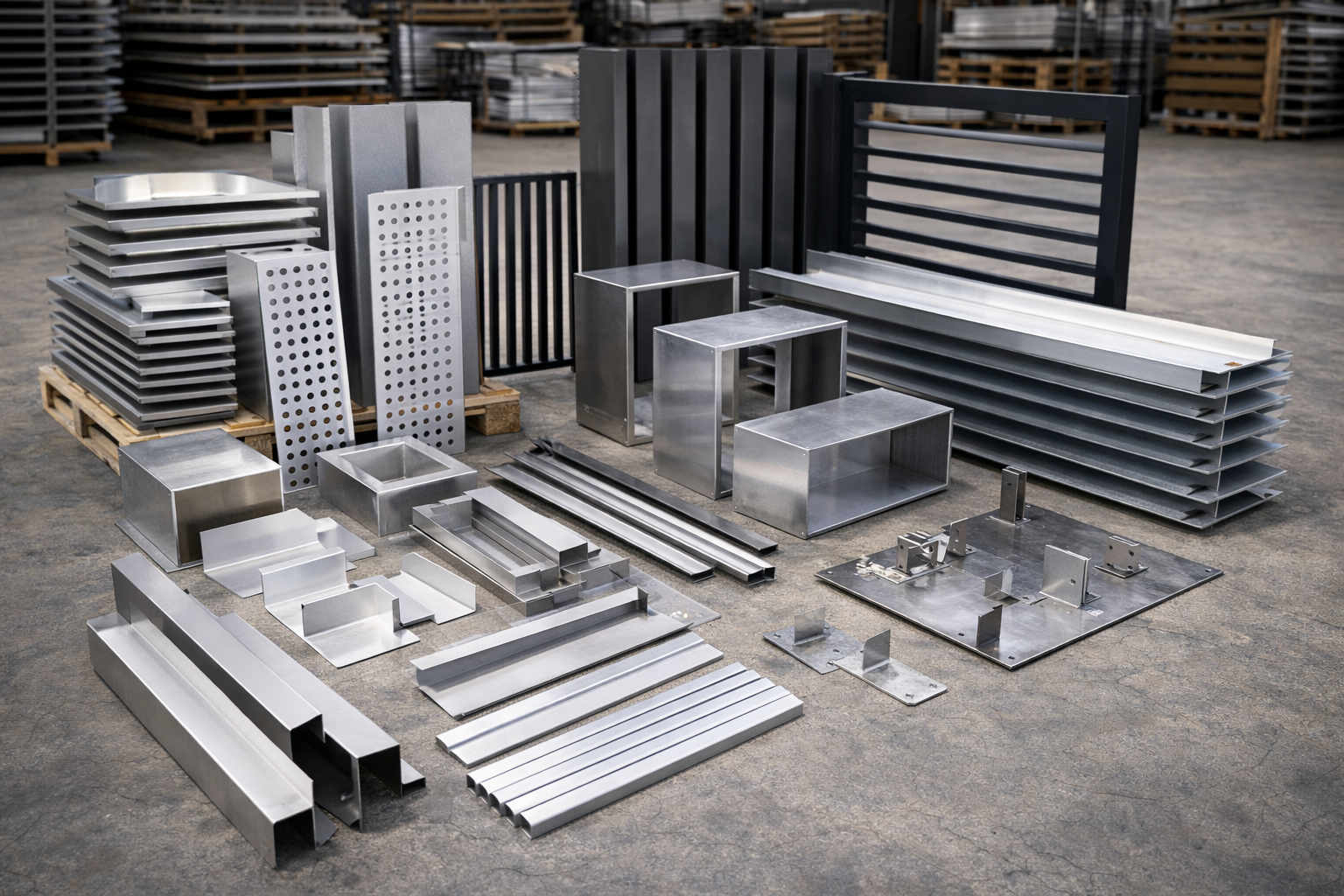 Various metal parts and structures arranged on the floor in a warehouse or factory setting.