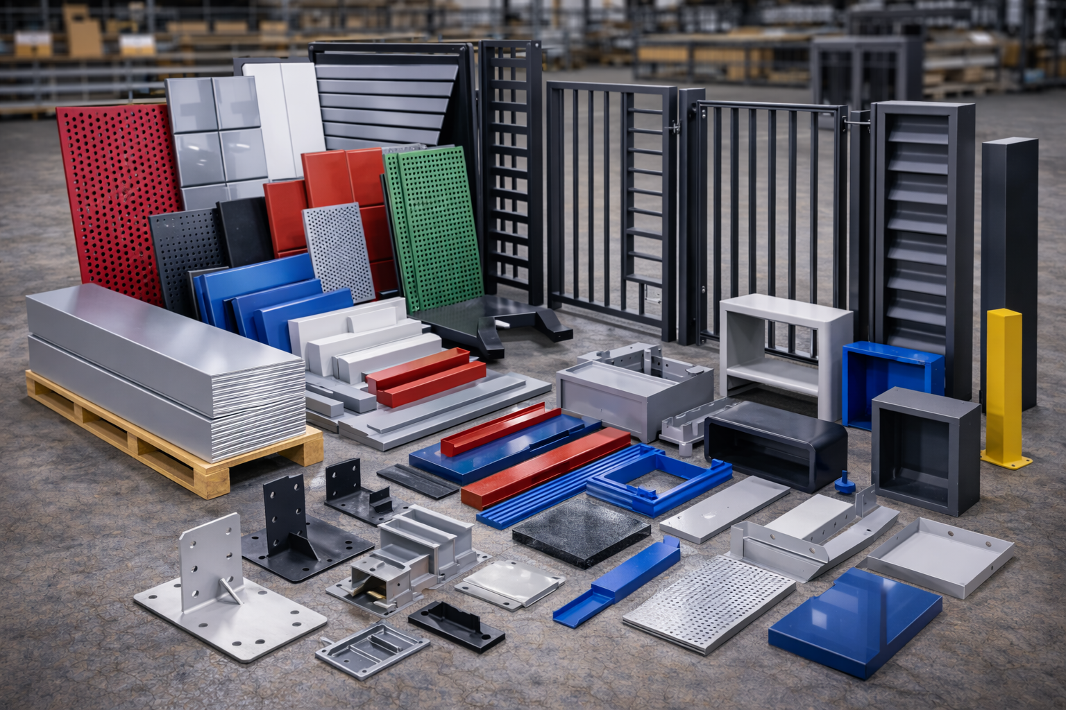 Various industrial metal and plastic enclosures, panels, brackets, and shelving parts displayed on the floor in different colors and sizes.