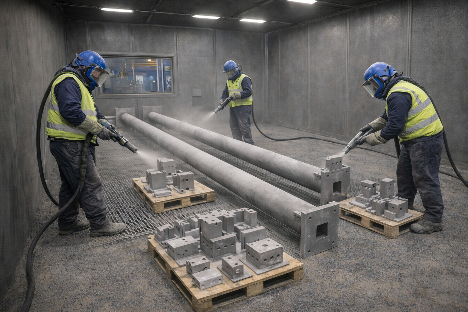Three workers in safety gear sandblasting and steelshot large metal pipes in an industrial setting.