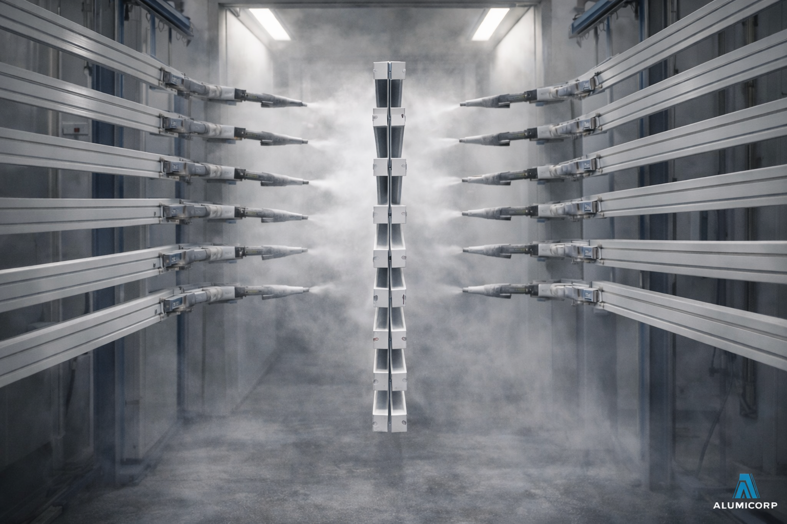 Confined space with metallic pipes and fog or mist, illuminated by bright lights from above, with the ALUMICORP logo in the lower right corner.