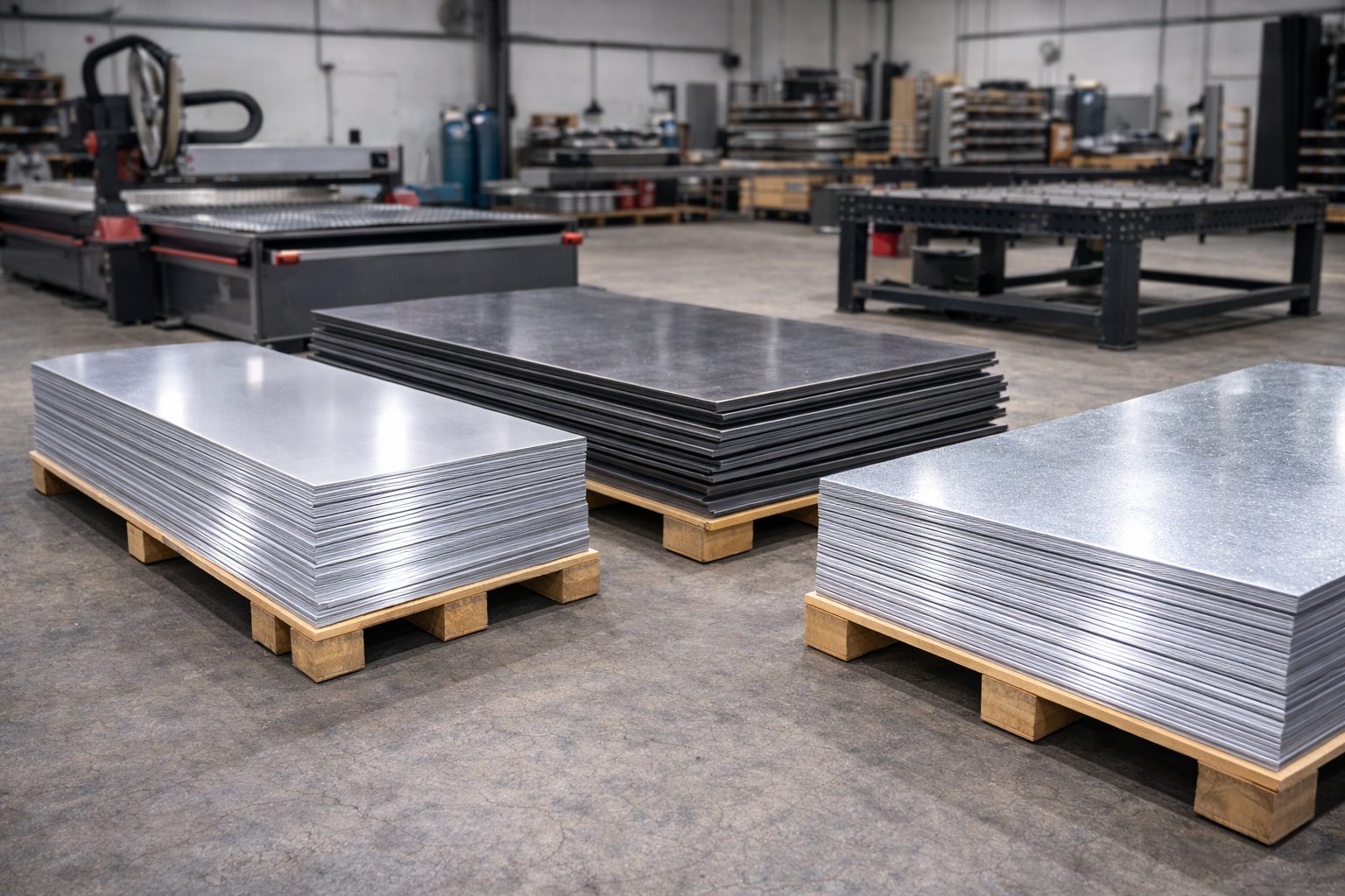 Stacks of metal sheets on pallets in a factory or workshop with machinery and equipment in the background.