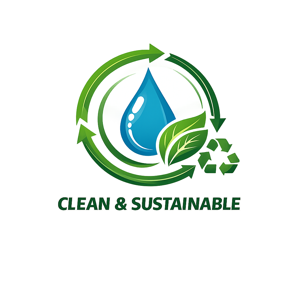 A logo with a water droplet, green leaves, and recycling arrows, with the text 'CLEAN & SUSTAINABLE' below.