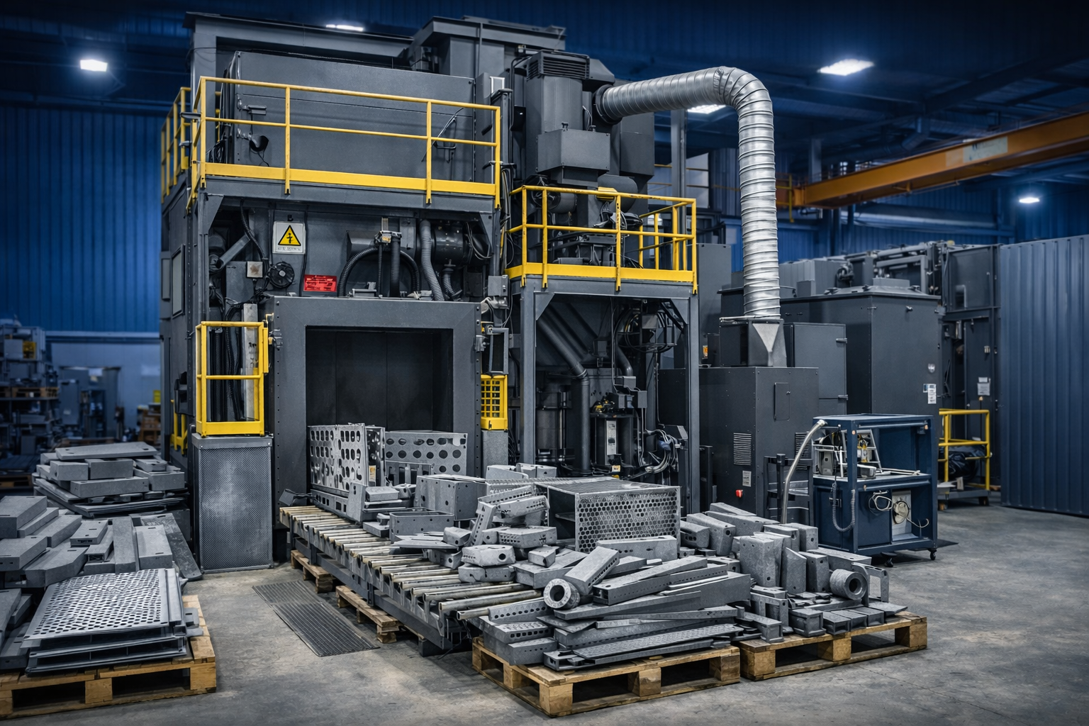 Industrial factory with large gray machinery surrounded by metal parts on pallets in a warehouse with blue walls and ceiling.