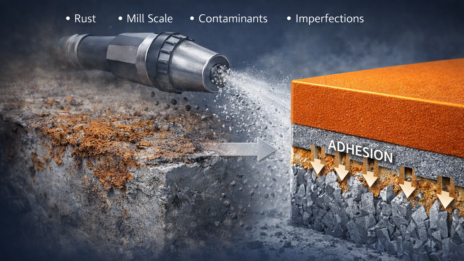 A diagram illustrating how adhesives bond to concrete, showing a spray gun applying adhesive to a rusted, uneven concrete surface to fill imperfections, with labels indicating rust, mill scale, contaminants, and imperfections, and arrows pointing from the surface to a cross-section of bonded adhesive and concrete with downward arrows labeled adhesion.