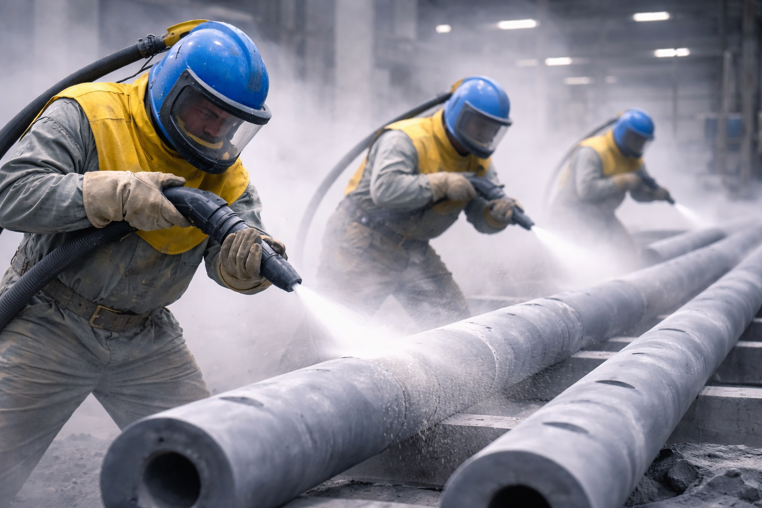 Three workers in protective gear using water hoses to clean or cool large industrial pipes in a factory.