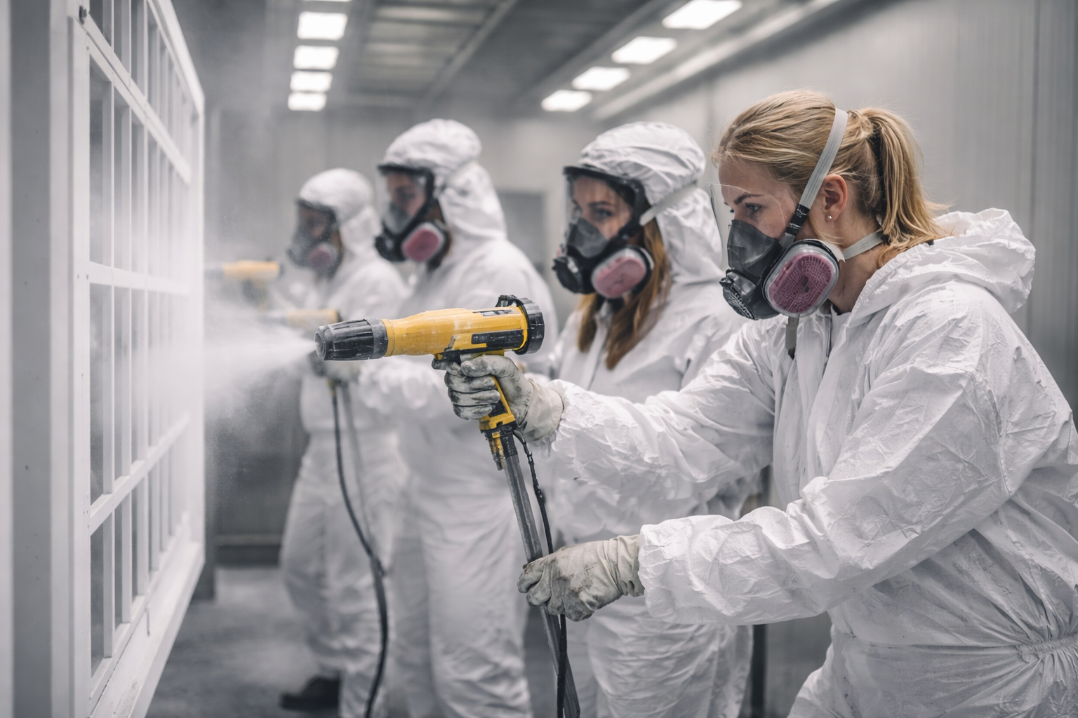 Five people in protective suits and masks using a power spray to clean a glass wall in a laboratory or industrial setting.
