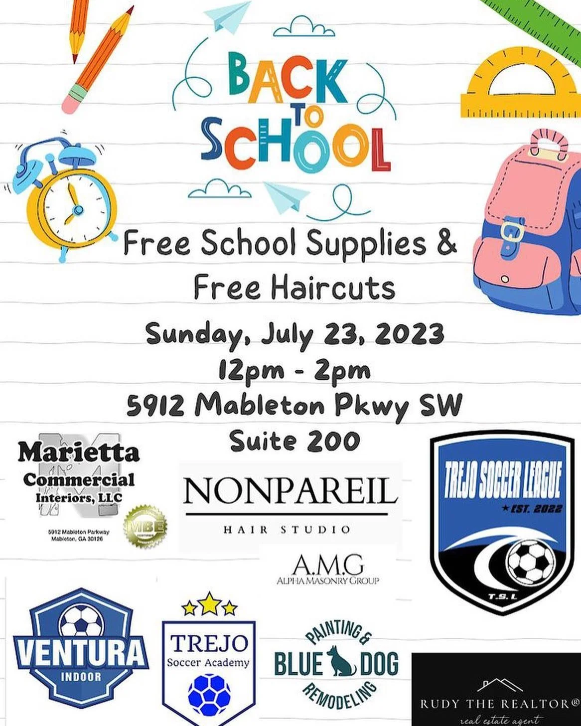 🎉 Join us for our Back to School: School Supply Giveaway and Free Haircuts Event, happening right here in&nbsp;Mableton! ✂️✏️🍎

📆 Date: Saturday, July 29
🕒 Time: 12pm - 2pm&nbsp;
📍 Location:&nbsp;5912 Mableton Pkwy SW Suite 200

We're thrilled t