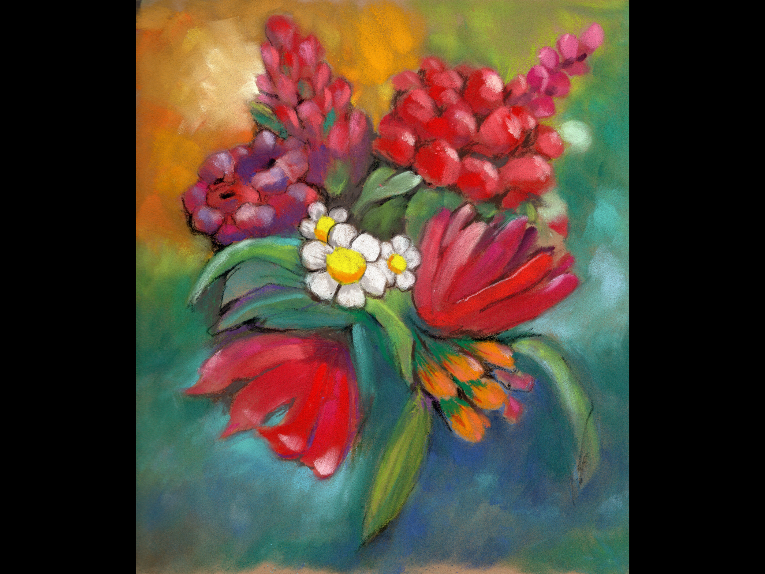 A colorful floral pastel painting with red, pink, purple, white, and yellow flowers against a blurred multicolored background.