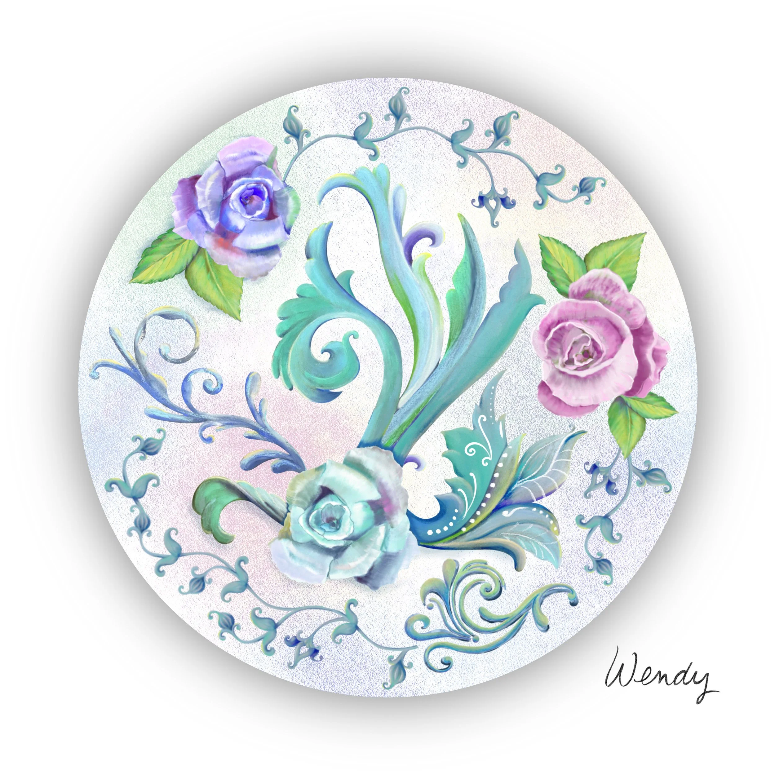 Decorative dishware artwork featuring pastel-colored roses and swirling floral patterns, by Wendy.