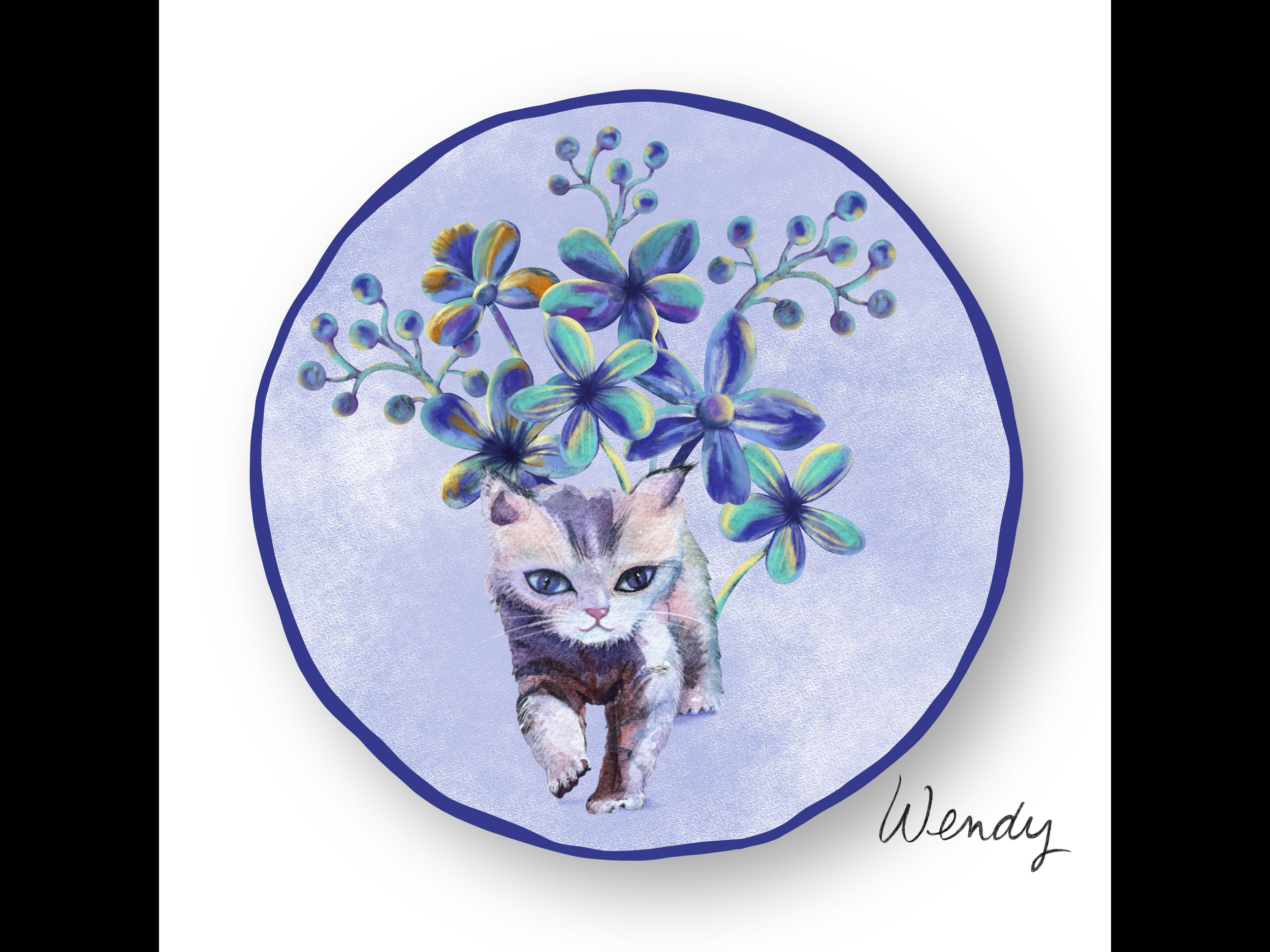 Watercolor illustration of a kitten with blue eyes, surrounded by blue and purple flowers for a dishware design.