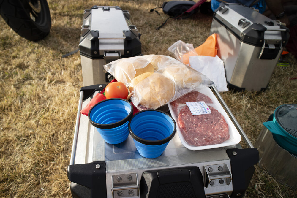 Ride the miles Croyde camping cooking burgers panniers.jpg