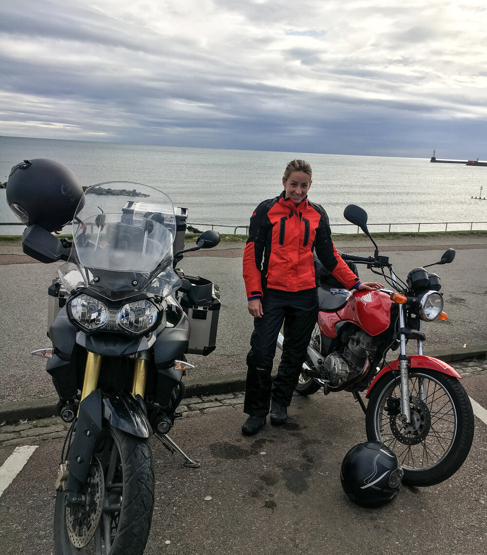 Ride the miles Aberdeen beach Lesley motorbike NE250.jpg