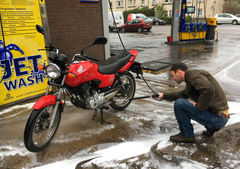Ride the miles restore Red Honda CG125 Trev wash bike.jpg
