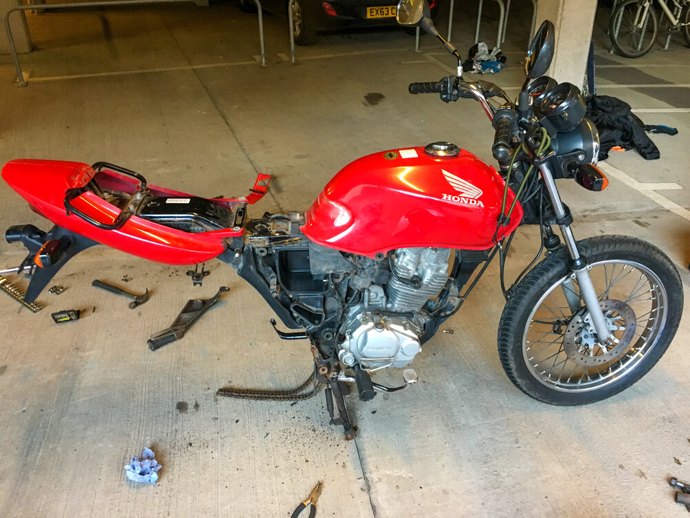 Ride the miles Honda CG125 Red restore stripped.jpg