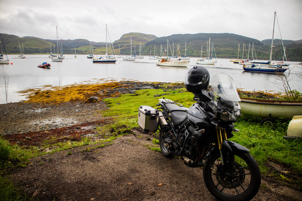 Ride the miles Scotland motorbike trip Ardfern Marina Tiger 800.jpg