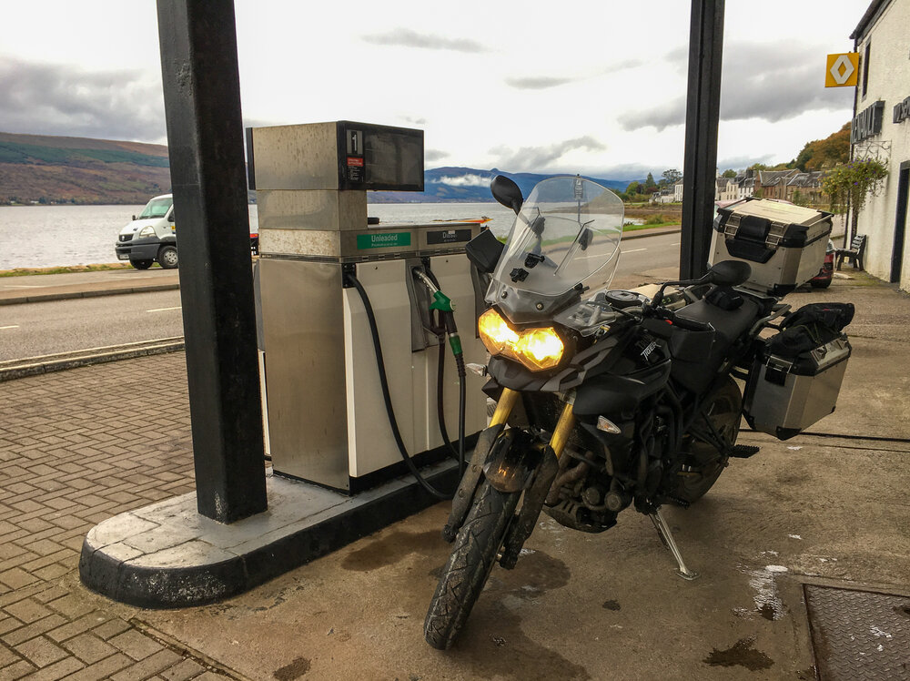 Ride the miles Scotland motorbike trip Inverary petrol station Tiger 800.jpg