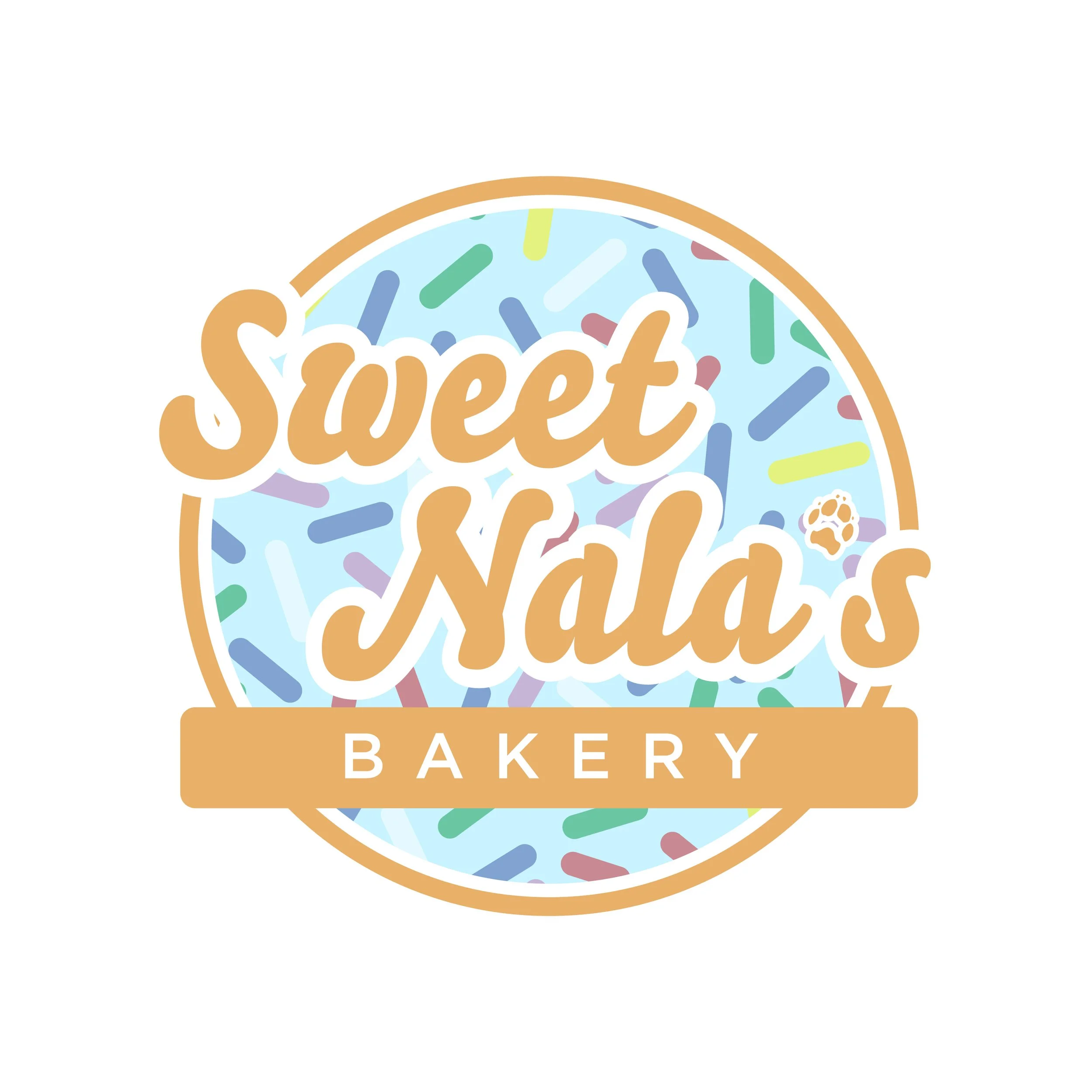 Logo for Sweet Nala's Bakery with a colorful sprinkle background and a paw print