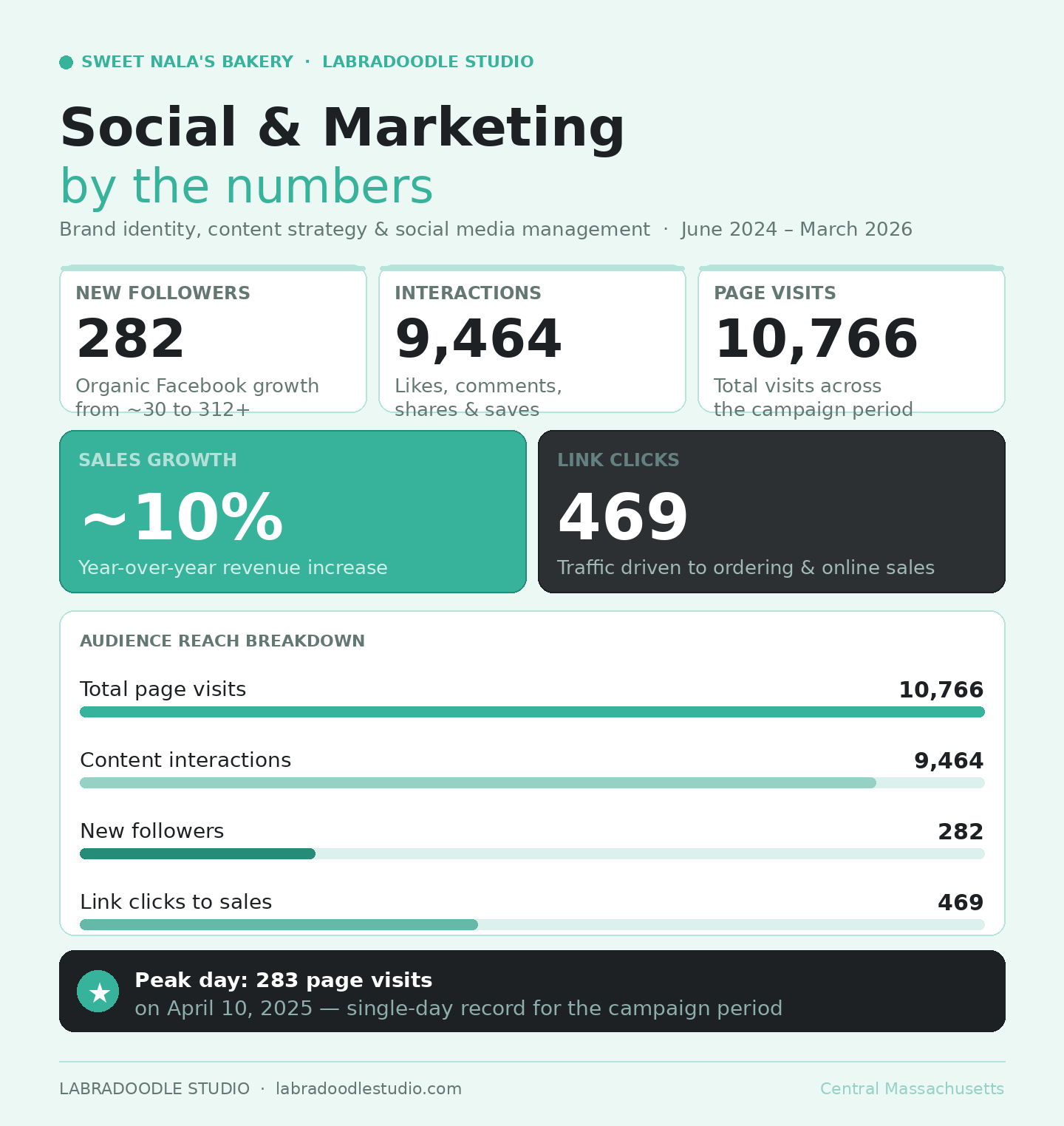 An infographic showing social media marketing data: new followers, interactions, page visits, sales growth, link clicks, audience reach, and peak day record with a record of 283 page visits on April 10, 2025.
