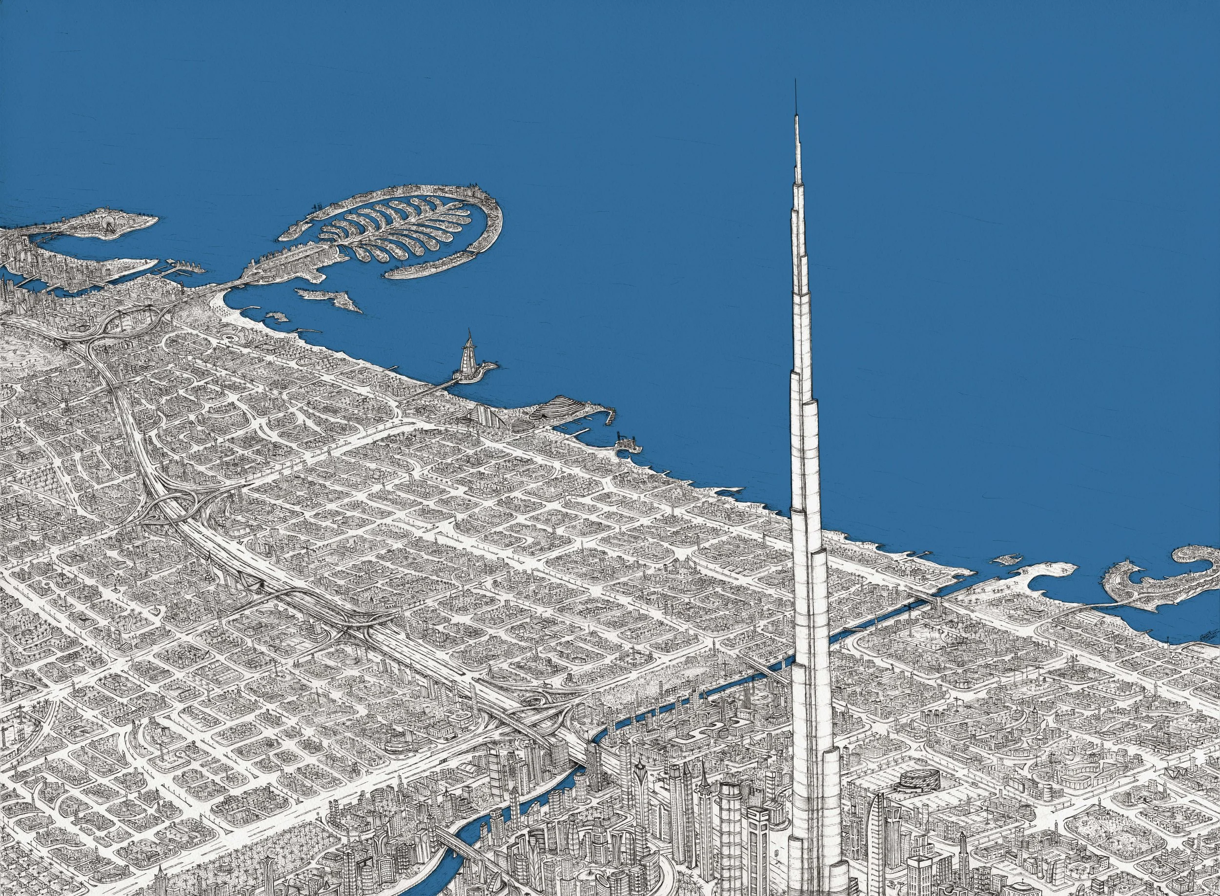  A city that is ever-changing, ever-growing and forever rebuilding itself. This is probably the smallest I’ve ever drawn in detail for the biggest man-made city out there.   Hand-drawn illustration.   Digitally coloured blue.   Size: 50×70cm  Contact