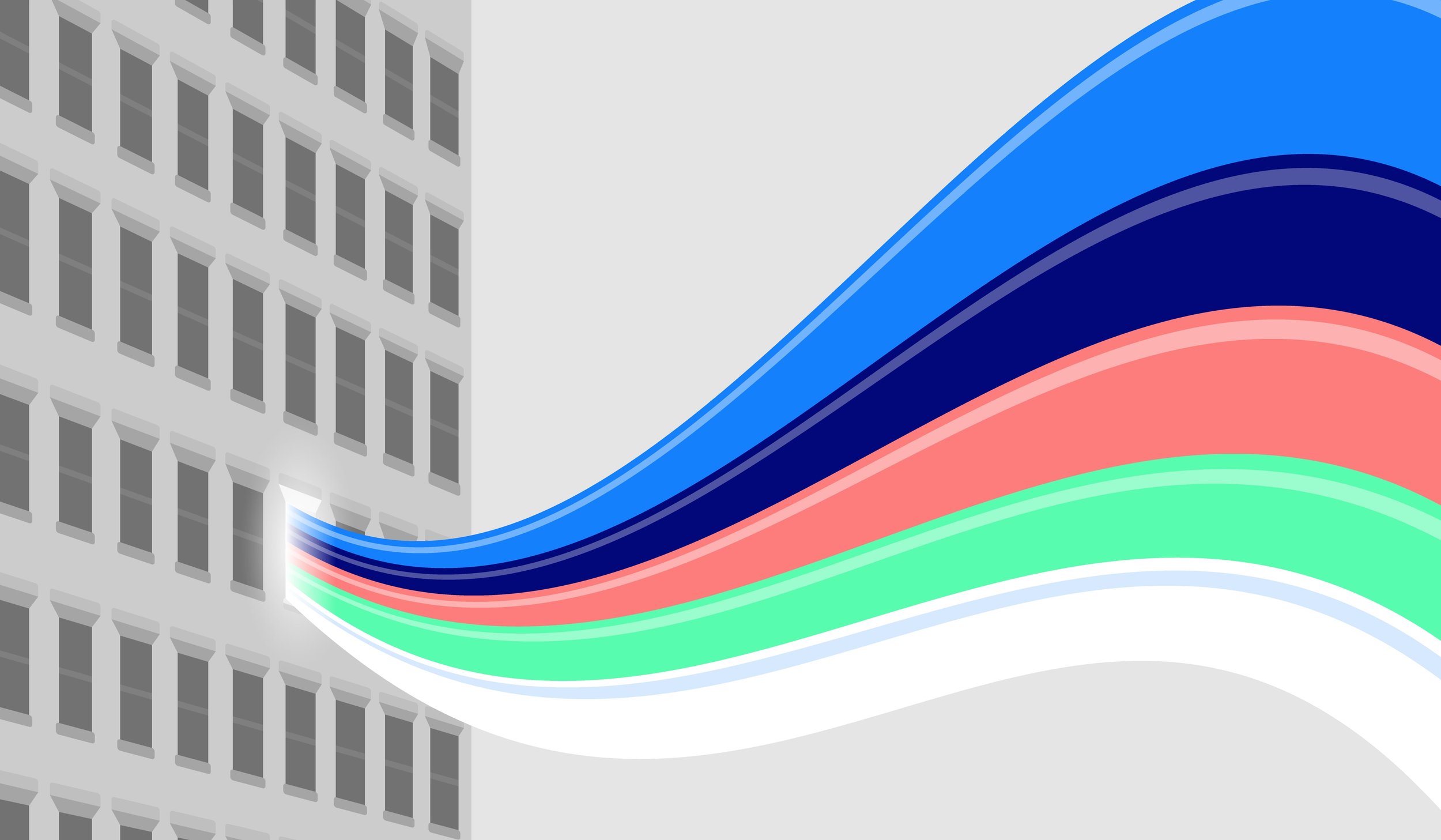 Colorful waves of creativity flow out of a window on an upper level of a skyscraper.