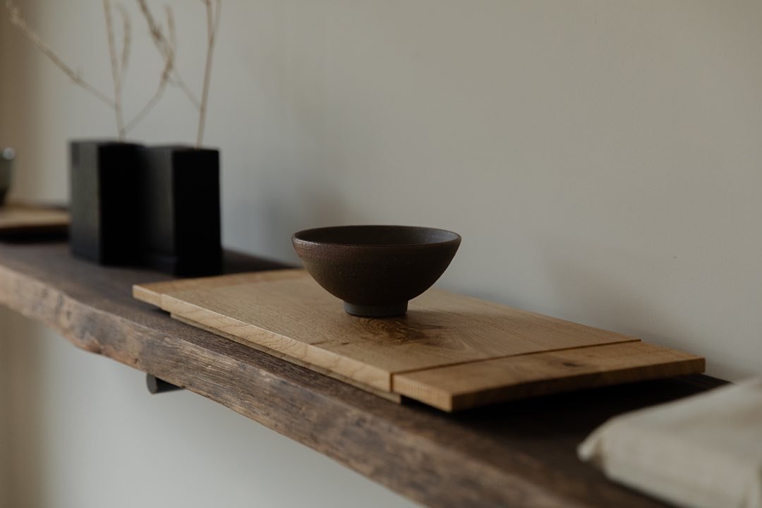 At our showroom, we have a selection of our handmade trays, plinths and altars available.
Made by us, using English Oak, some are left their natural colour and some are charred to a deep black tone.

Our sculptural tactile trays can be used as part o