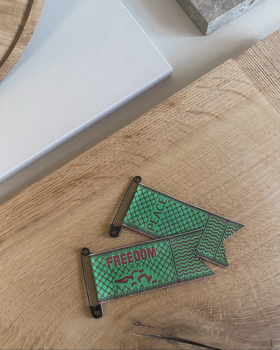 Kufiya Ribbon &bull; Free with donation to Ikhlas Farajallah Scholarship Fund.

We have just added to our website a limited edition of these beautiful silk Freedom &amp; Peace ribbons, made in Devon by the wonderful Robert Ely @papilionaceouspuresilk